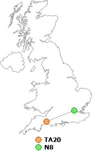 map showing distance between TA20 and N8