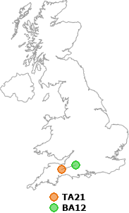 map showing distance between TA21 and BA12