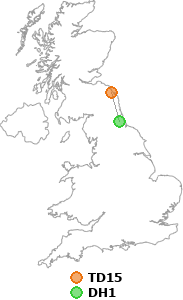 map showing distance between TD15 and DH1