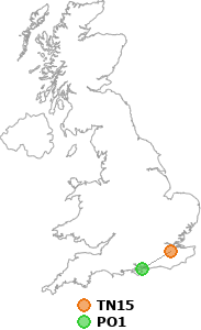 map showing distance between TN15 and PO1