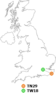 map showing distance between TN29 and TW18