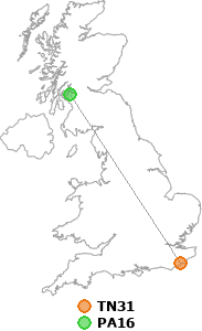 map showing distance between TN31 and PA16