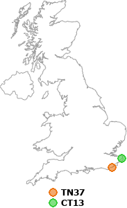 map showing distance between TN37 and CT13