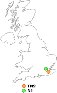 map showing distance between TN9 and N1