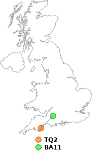 map showing distance between TQ2 and BA11