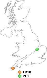 map showing distance between TR10 and PE1