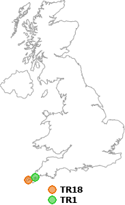 map showing distance between TR18 and TR1