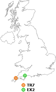 map showing distance between TR7 and EX2