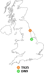 map showing distance between TS25 and DN9