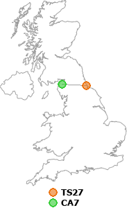 map showing distance between TS27 and CA7