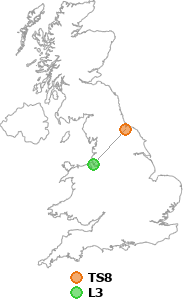 map showing distance between TS8 and L3