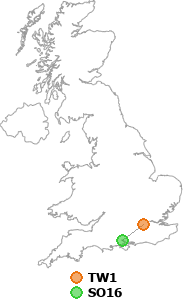 map showing distance between TW1 and SO16