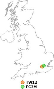 map showing distance between TW12 and EC2M