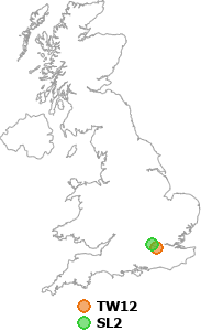 map showing distance between TW12 and SL2