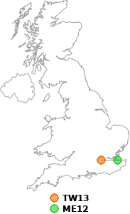 map showing distance between TW13 and ME12