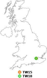 map showing distance between TW15 and TW18