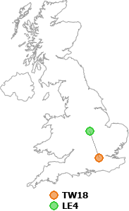 map showing distance between TW18 and LE4