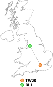 map showing distance between TW20 and BL1