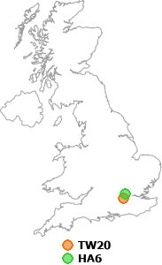 map showing distance between TW20 and HA6