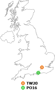 map showing distance between TW20 and PO16