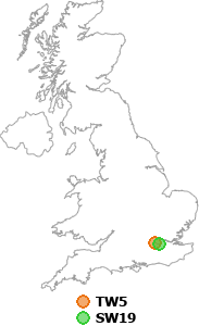 map showing distance between TW5 and SW19