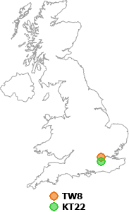 map showing distance between TW8 and KT22