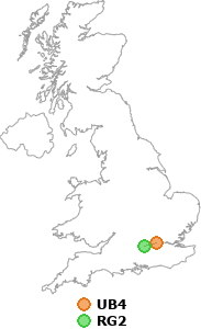 map showing distance between UB4 and RG2