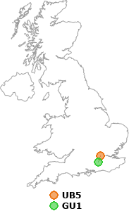 map showing distance between UB5 and GU1