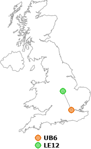 map showing distance between UB6 and LE12