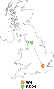 map showing distance between W4 and BD24