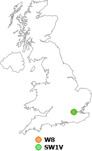 map showing distance between W8 and SW1V