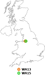 map showing distance between WA13 and WA15