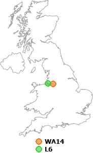 map showing distance between WA14 and L6