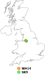 map showing distance between WA14 and SK9