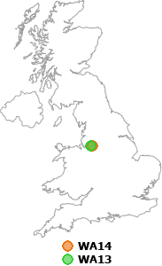 map showing distance between WA14 and WA13