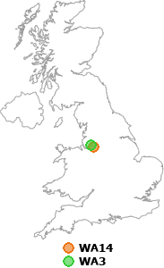 map showing distance between WA14 and WA3