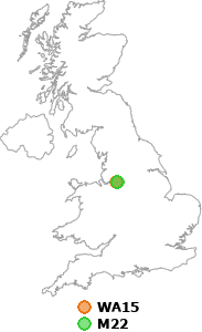 map showing distance between WA15 and M22