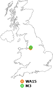 map showing distance between WA15 and M3