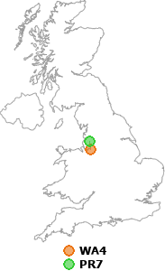 map showing distance between WA4 and PR7