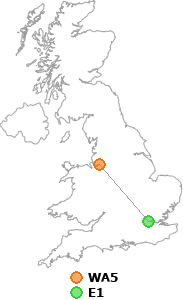 map showing distance between WA5 and E1