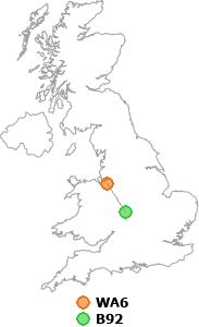 map showing distance between WA6 and B92