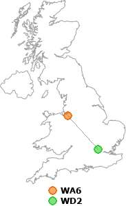 map showing distance between WA6 and WD2