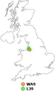 map showing distance between WA9 and L39