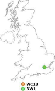 map showing distance between WC1B and NW1