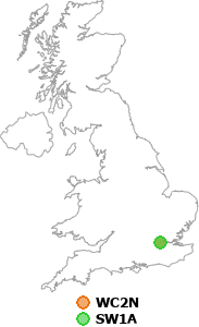 map showing distance between WC2N and SW1A