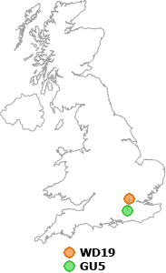 map showing distance between WD19 and GU5