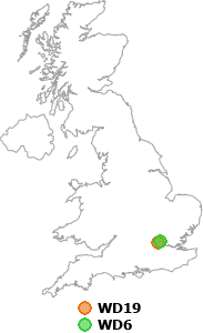 map showing distance between WD19 and WD6