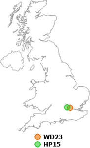 map showing distance between WD23 and HP15