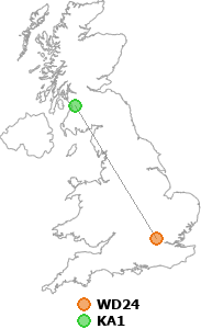 map showing distance between WD24 and KA1