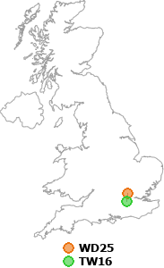 map showing distance between WD25 and TW16